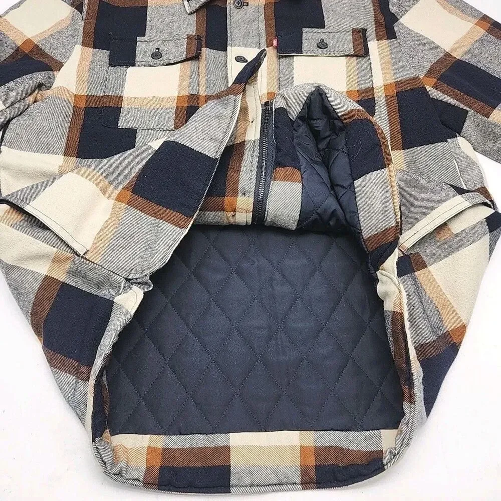 Levi Strauss Jacket Coat Quilt Lined Men Sz XL Zip Button Blue Tan Plaid Pockets